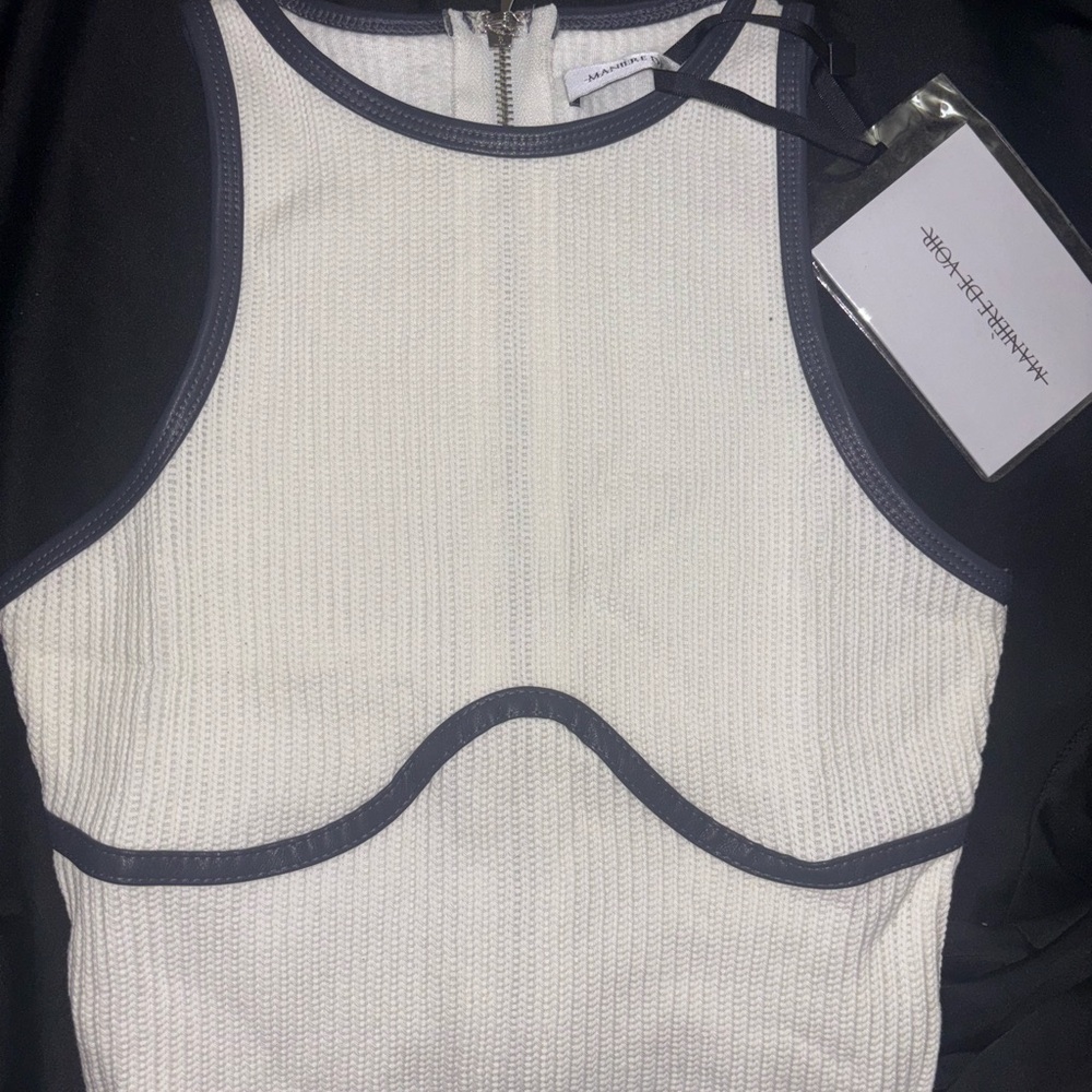 Maniere De Voir Knit And Faux Leather Racer Top